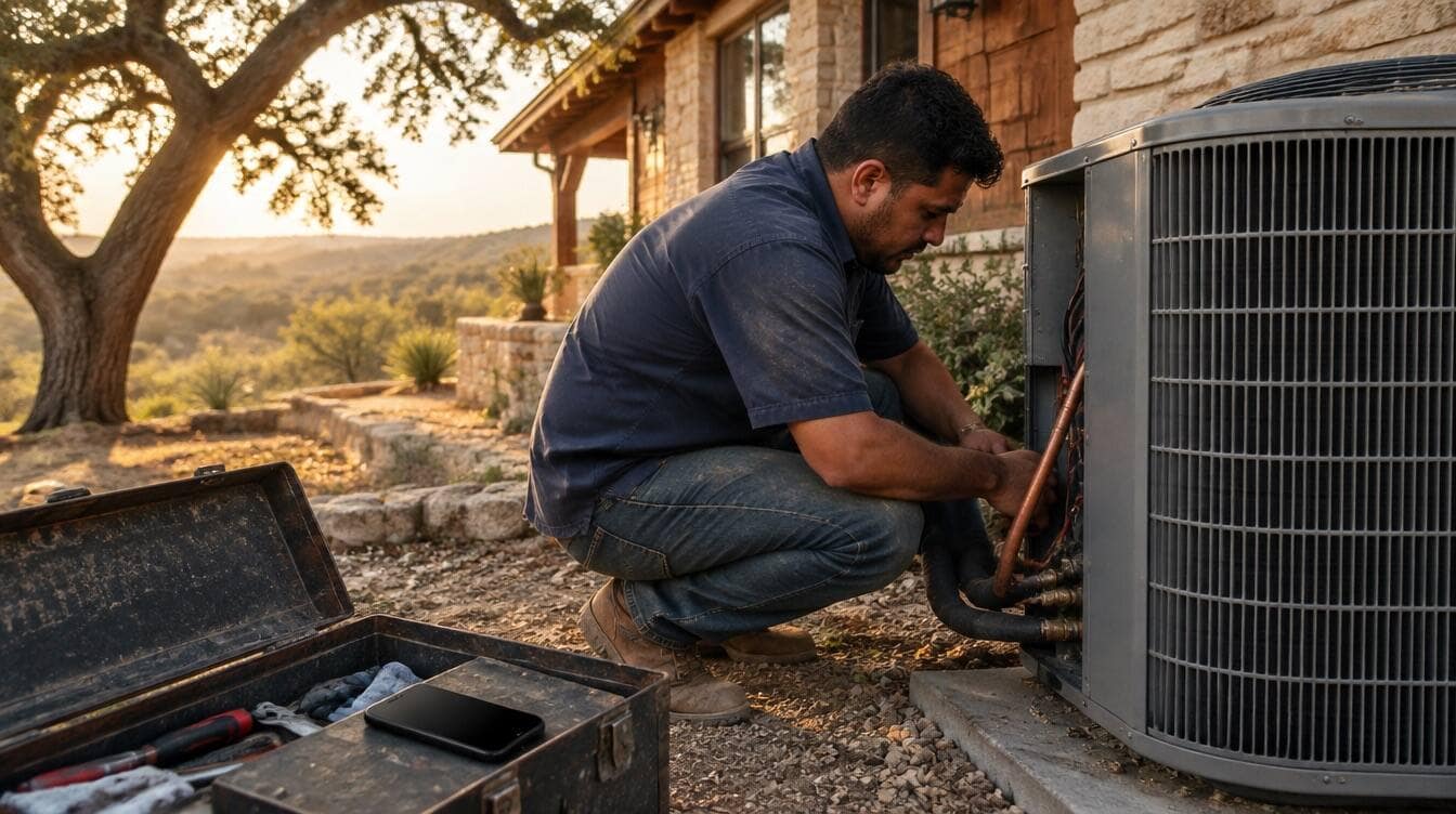HVAC technician on a job site, phone unused on the toolbox